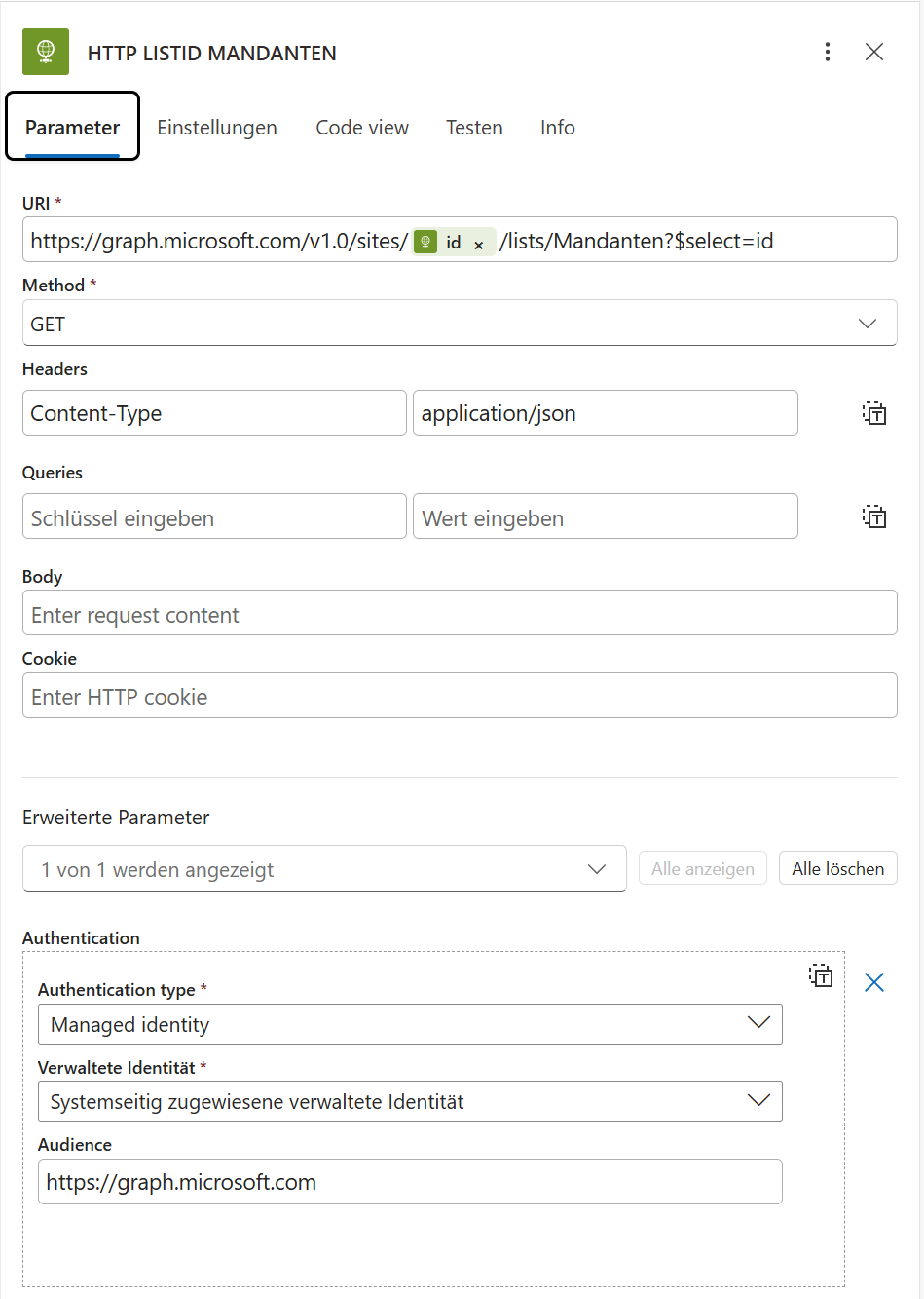 Logic Apps HTTP Aktion: SharePoint Listen-ID via Sites-Endpunkt ohne Bearer-Token