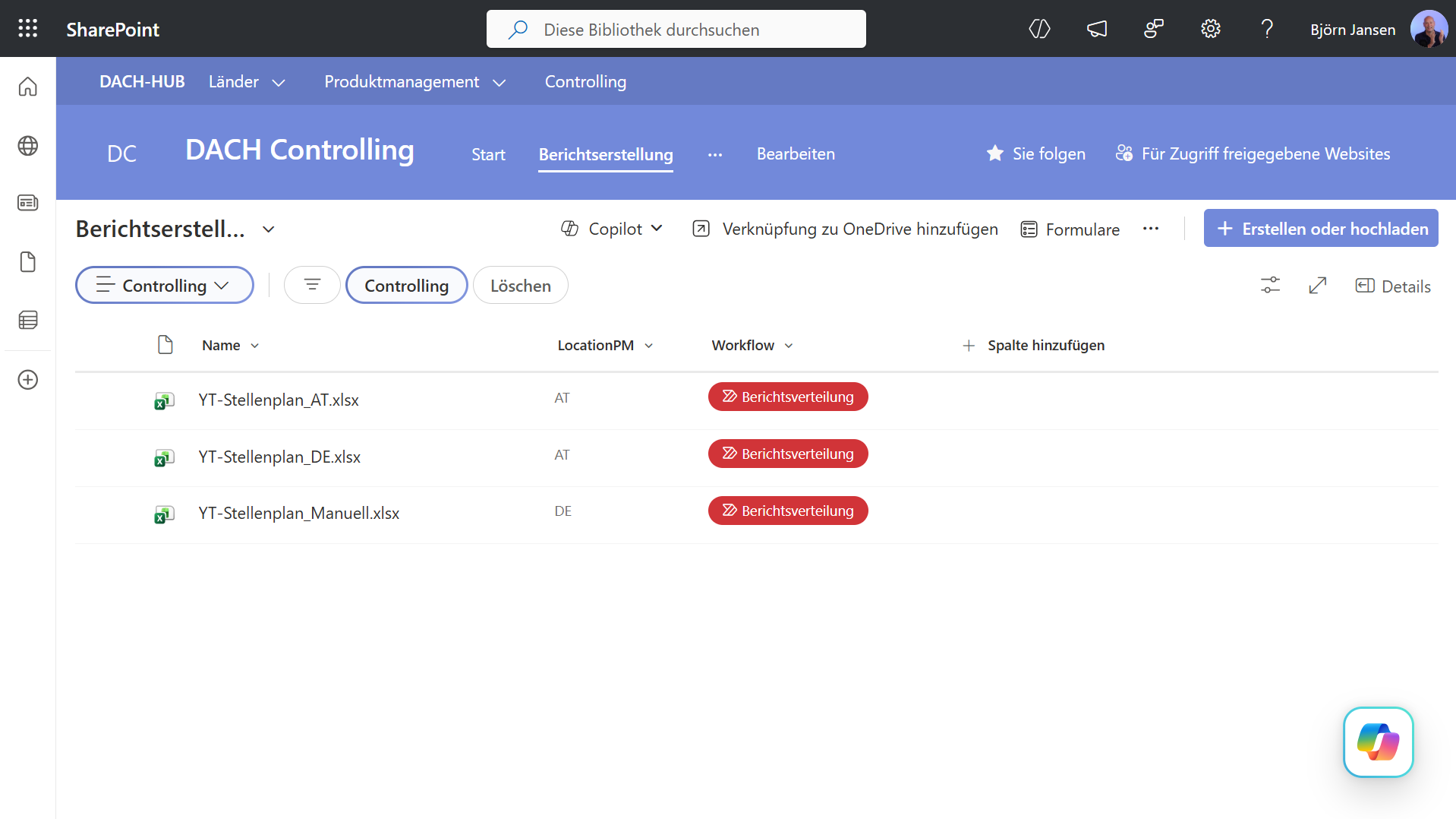 SharePoint-Dokumentbibliothek für Berichtserstellung mit Vorlagen und erzeugten Berichten