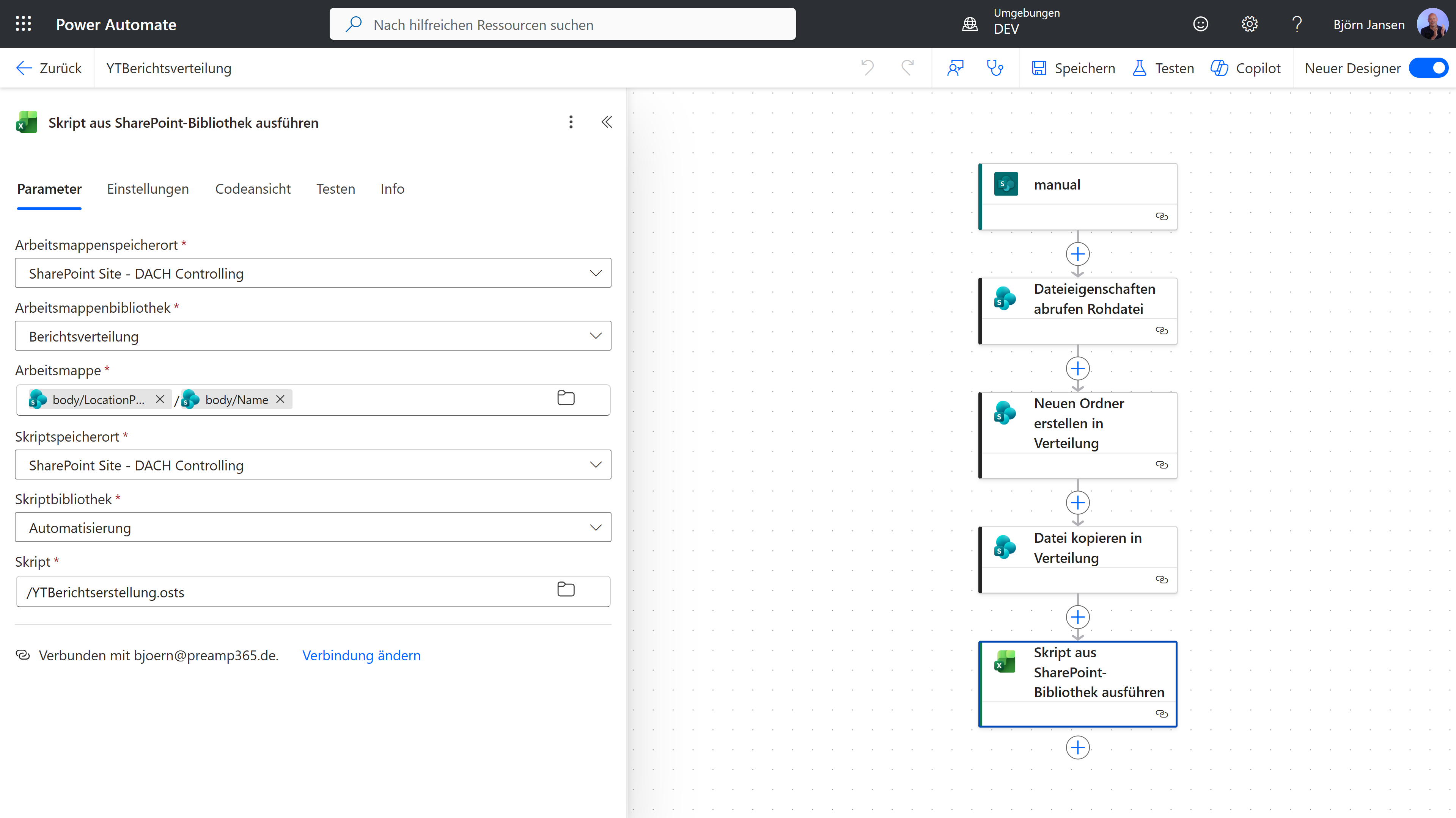 Power Automate Flow mit Aktion zum Ausführen eines Office Skripts in Excel