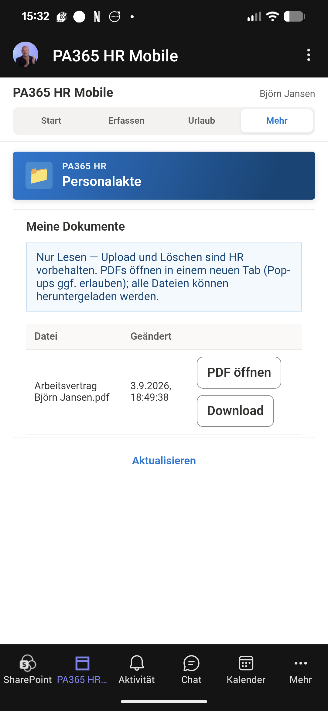 Mobile Ansicht der Personalakte / Stammdaten