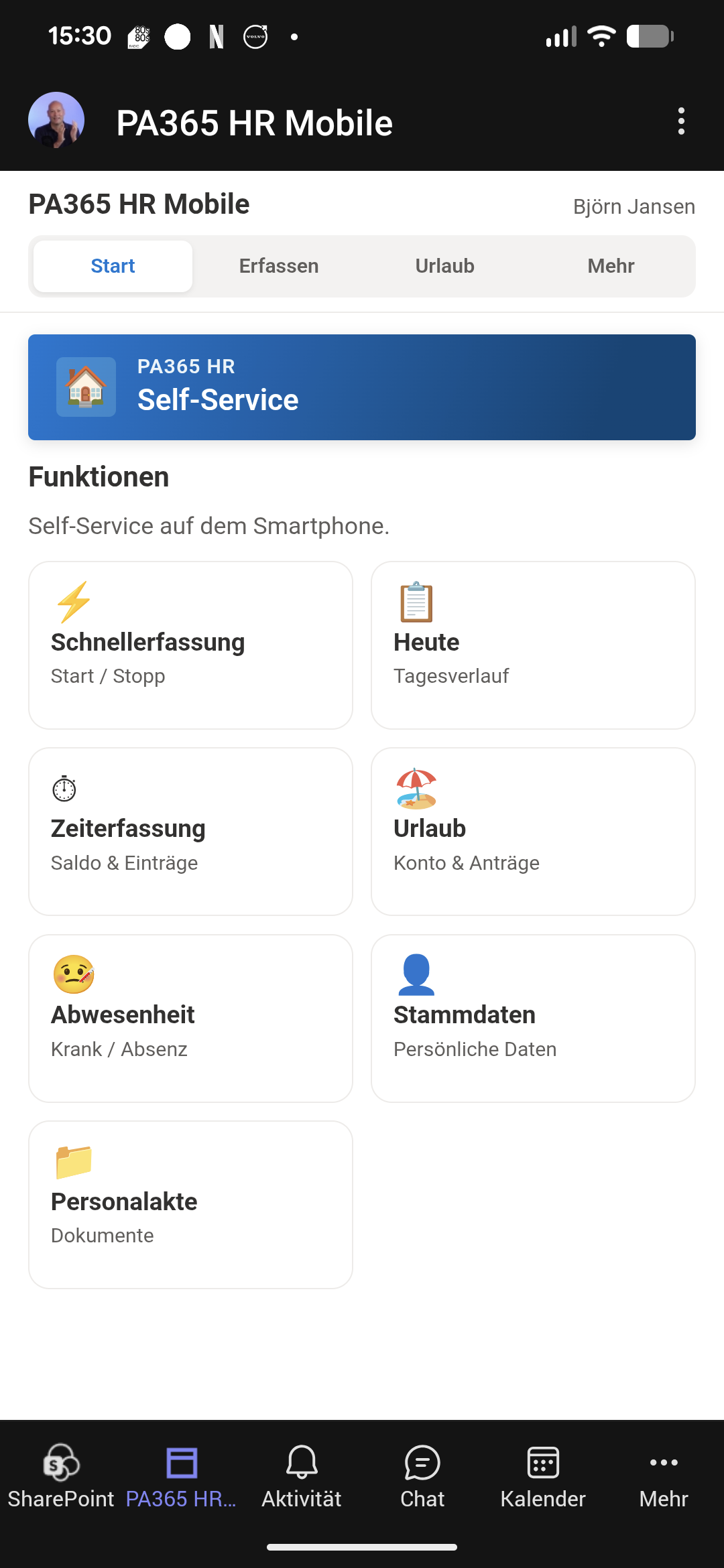 Mobile HR App Startscreen mit Einstiegen in Zeit, Urlaub, Abwesenheit und Personalakte