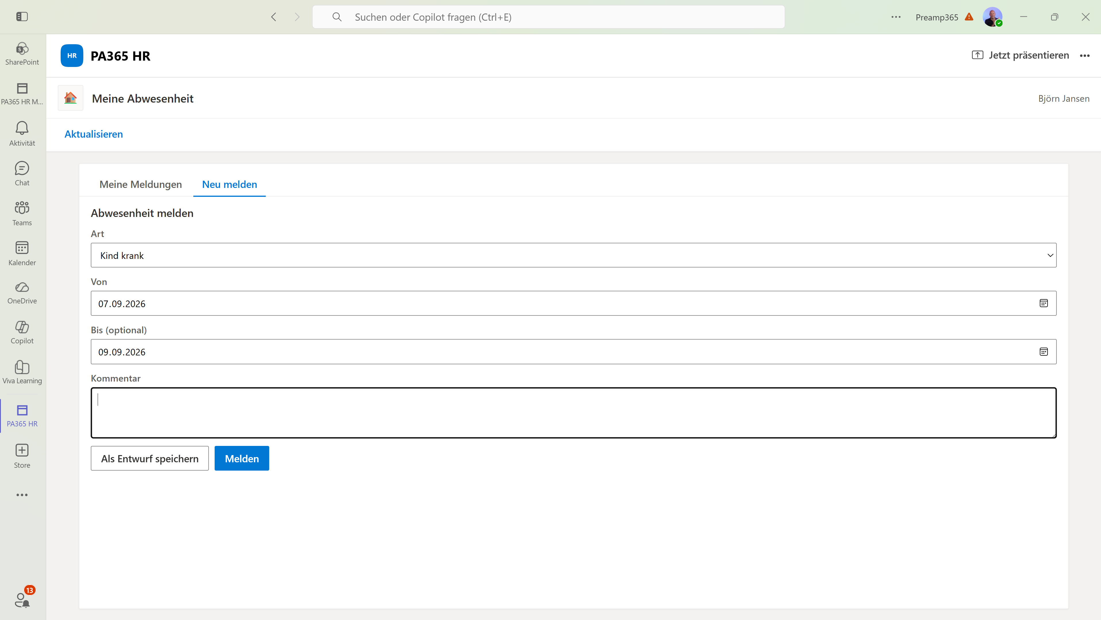 Krank- und Abwesenheitsmeldung in der Teams Self-Service App