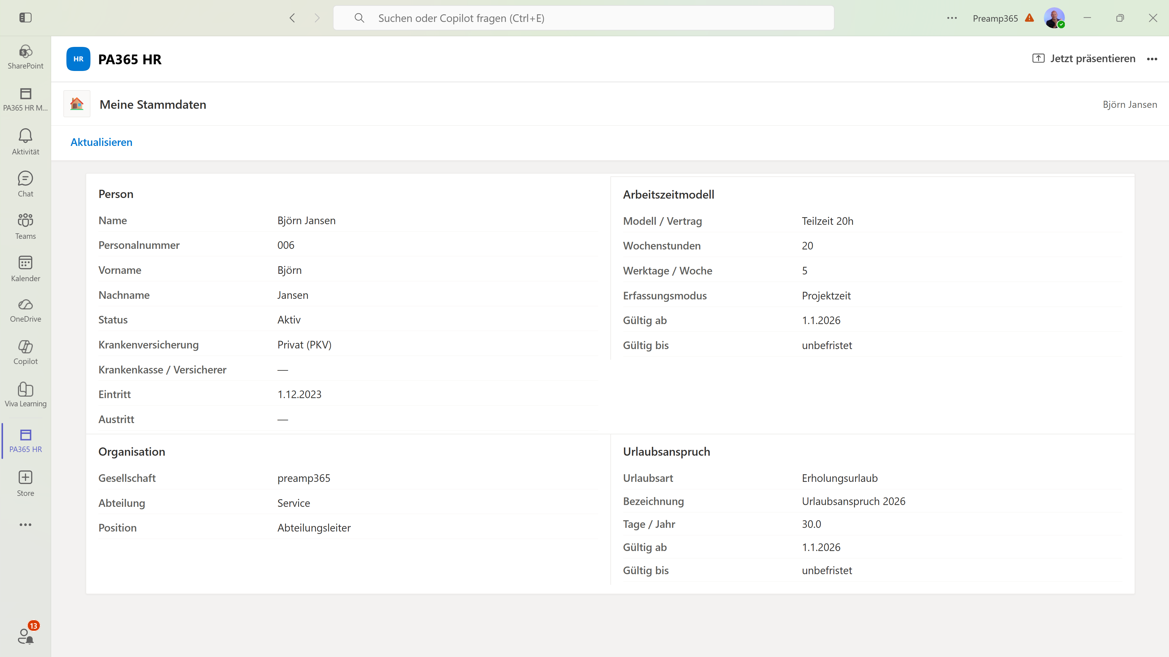 Mitarbeiterstammdaten im Teams Self-Service