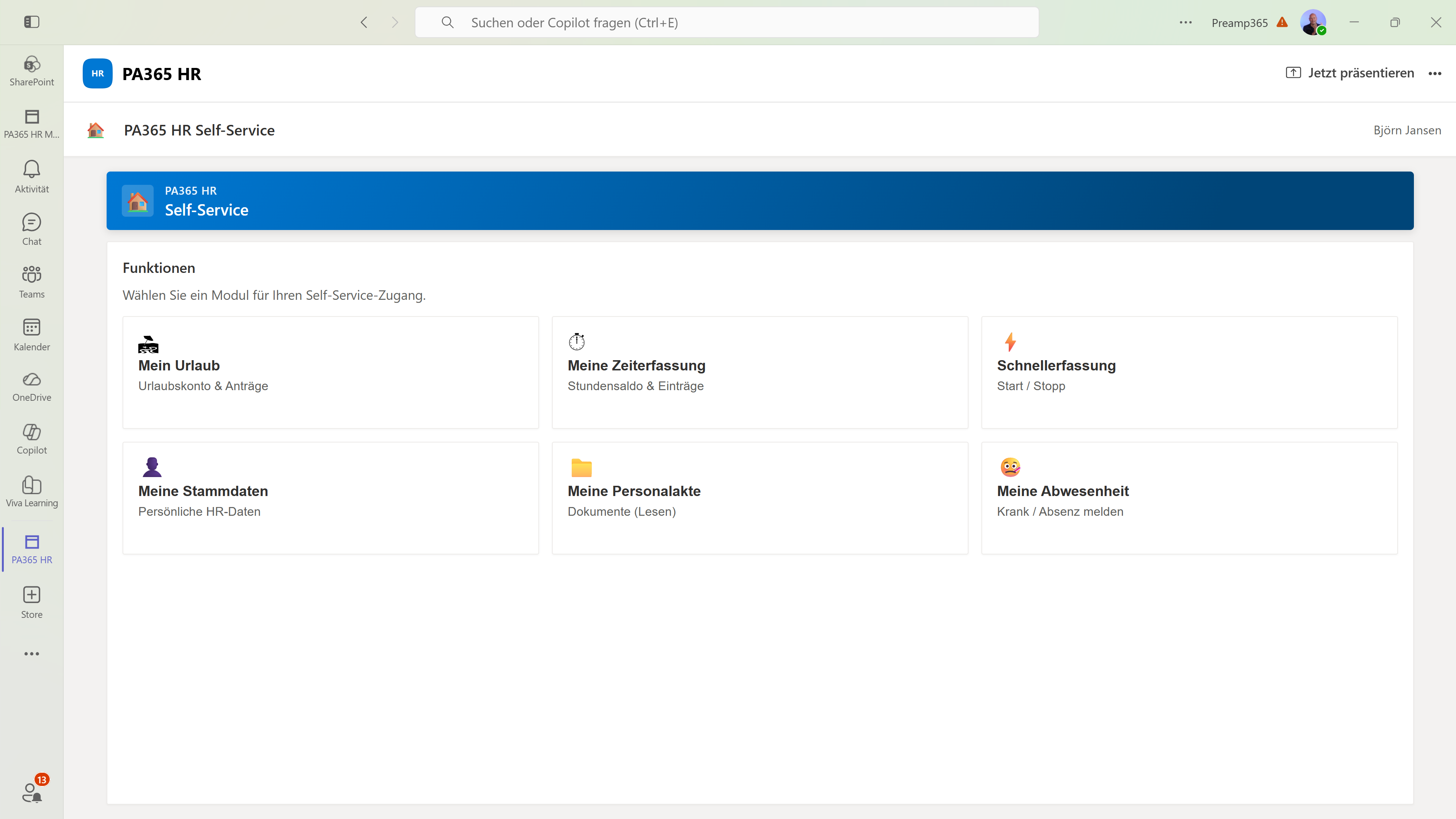 preamp365 HR Self-Service Startbildschirm in Microsoft Teams: Einstieg in Zeiterfassung, Urlaub, Abwesenheit und Stammdaten