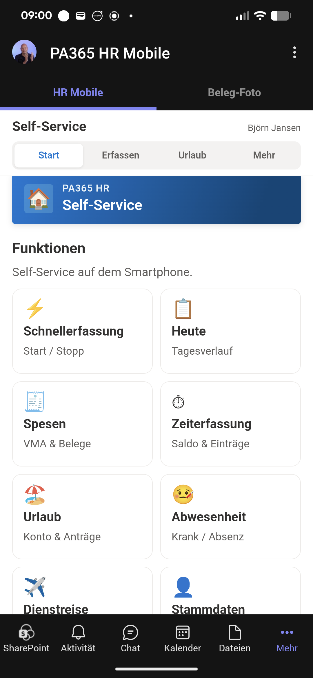 preamp365 HR Self-Service Mobile: Startbildschirm mit Einstieg Spesen
