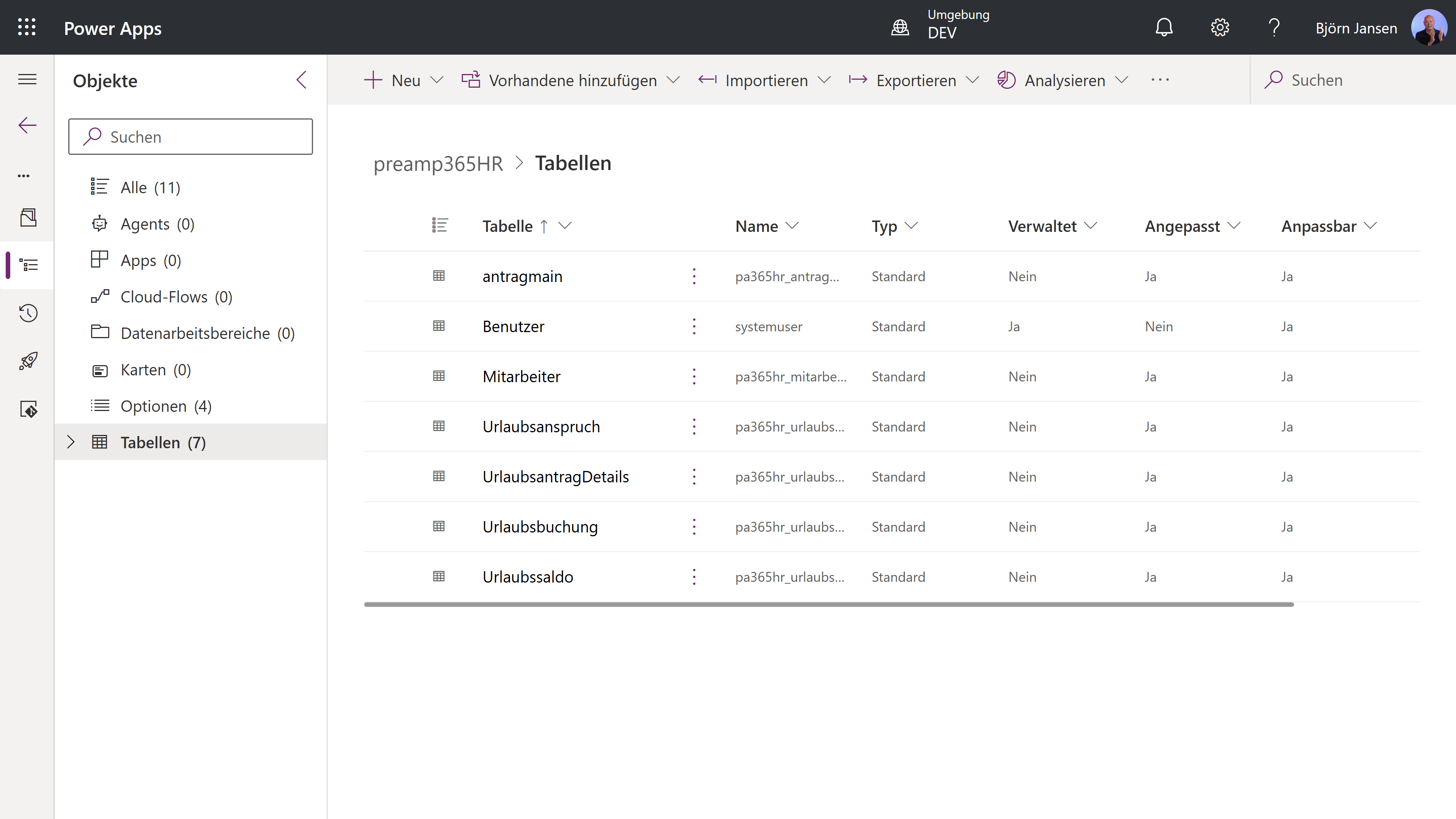 Übersicht des Dataverse-Datenmodells für HR mit Anträgen, Buchungen und Salden