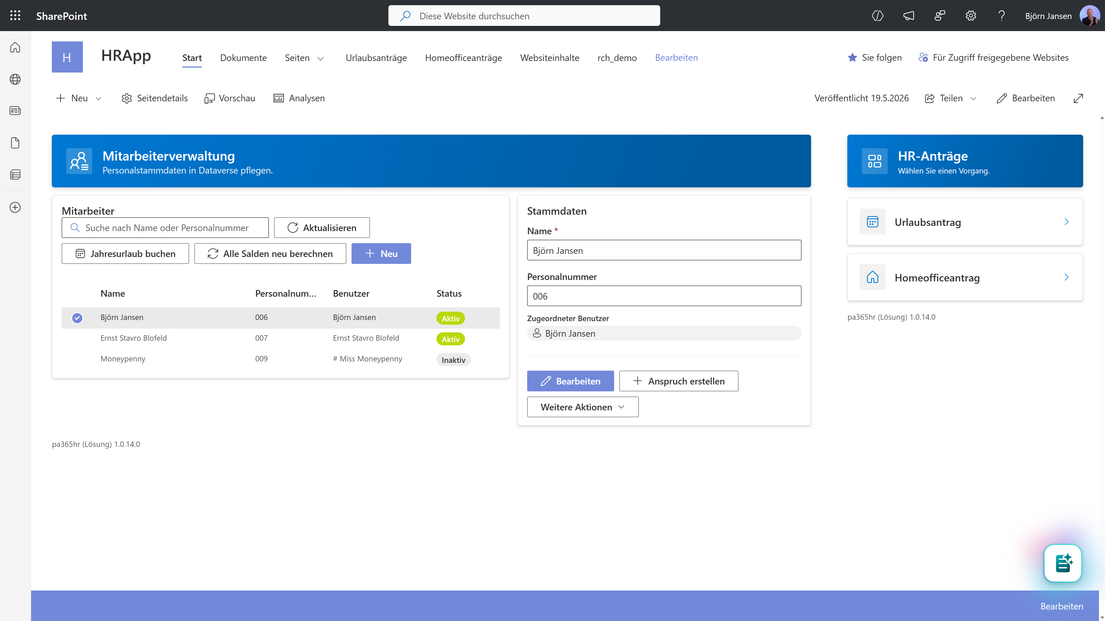 Mitarbeiterverwaltung als SharePoint-Webpart mit Stammdaten und Urlaubsansprüchen