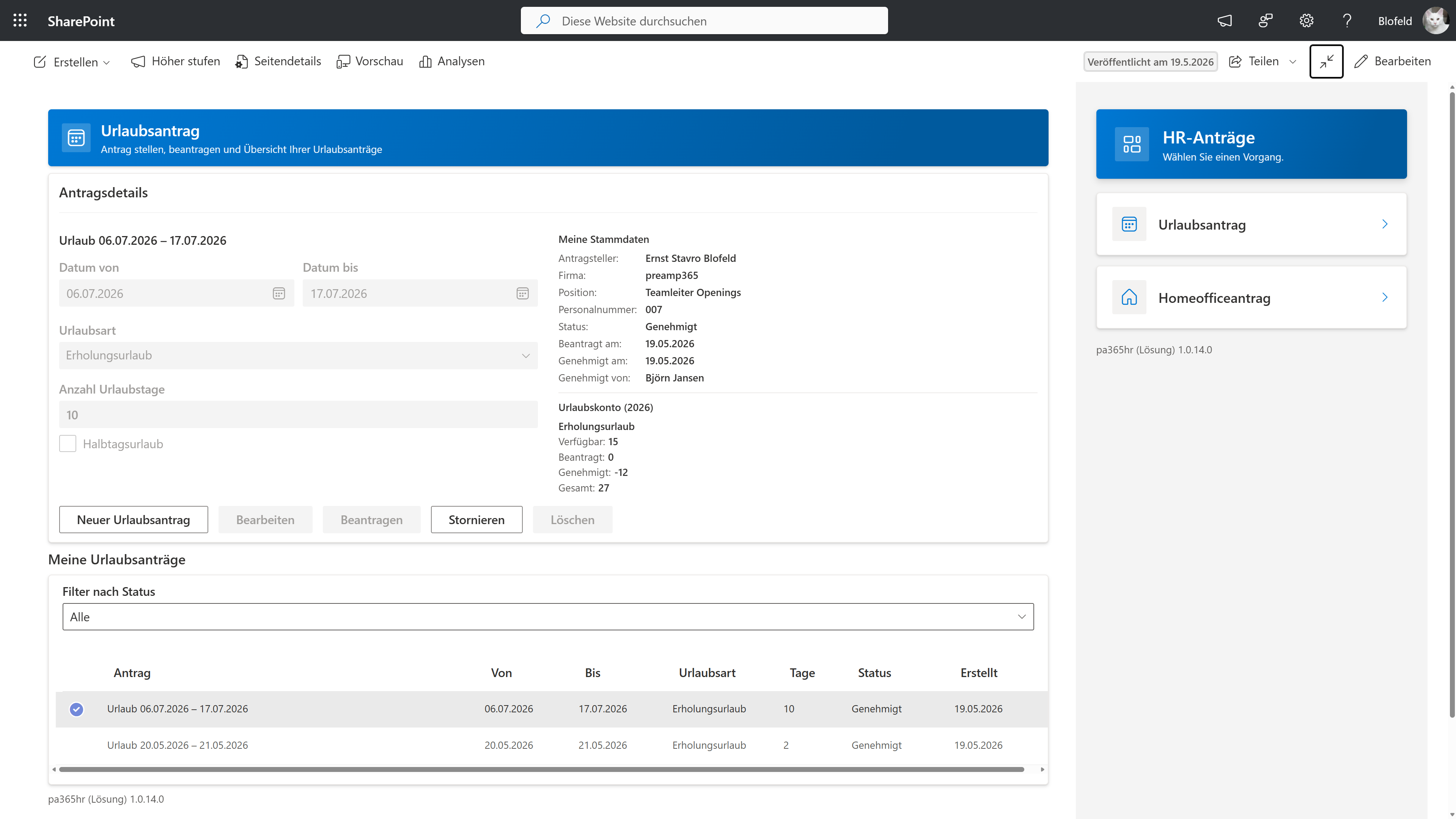 Urlaubsantrag als SharePoint-Webpart mit HR-Hub und Genehmigeransicht