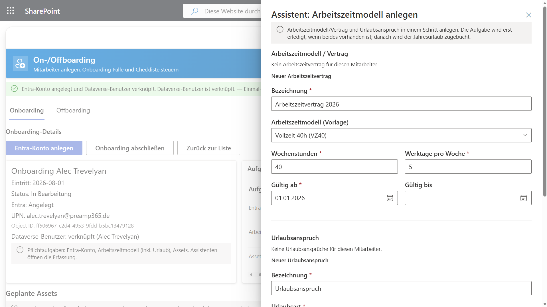 Assistent Arbeitszeitmodell anlegen: Vertrag aus Vorlage und parallele Erfassung des Urlaubsanspruchs