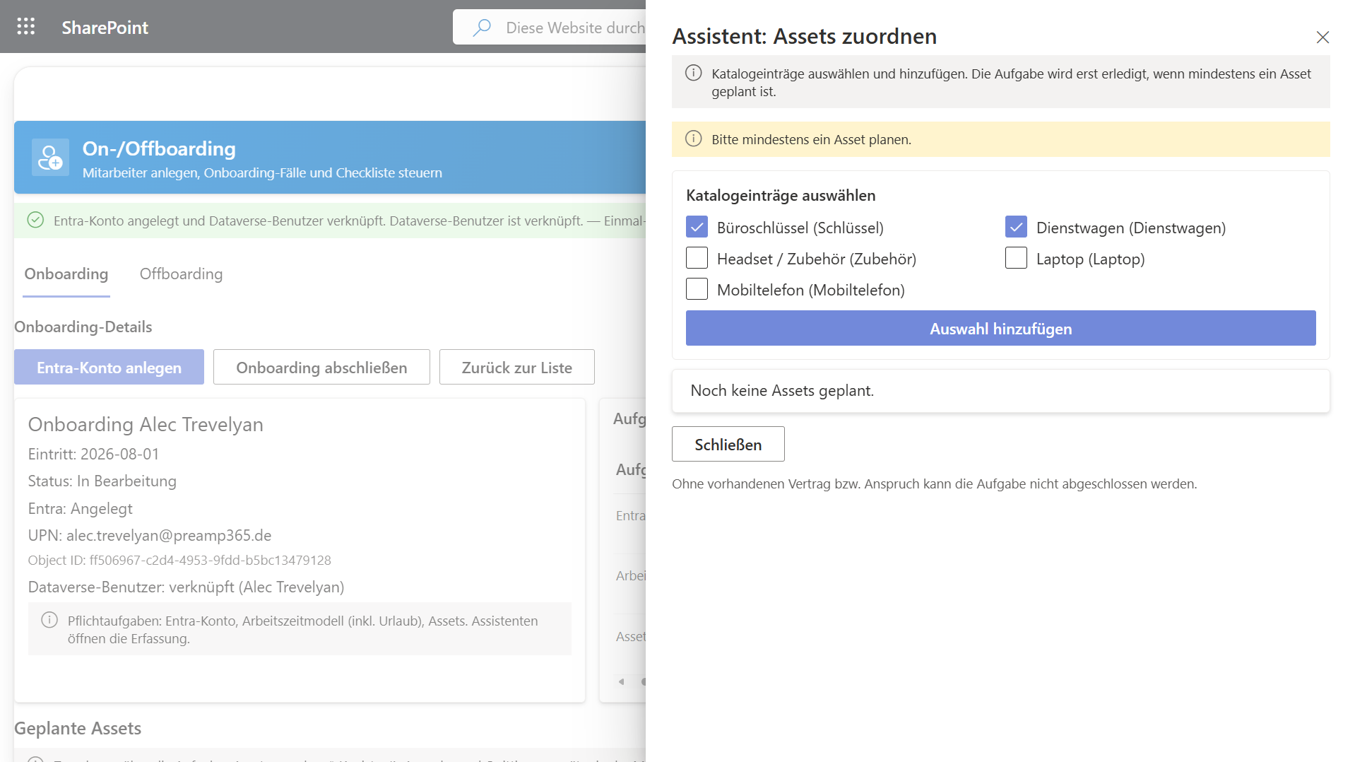 Assistent Assets zuordnen: Katalogauswahl für Schlüssel, Dienstwagen, Laptop und Mobiltelefon im Onboarding
