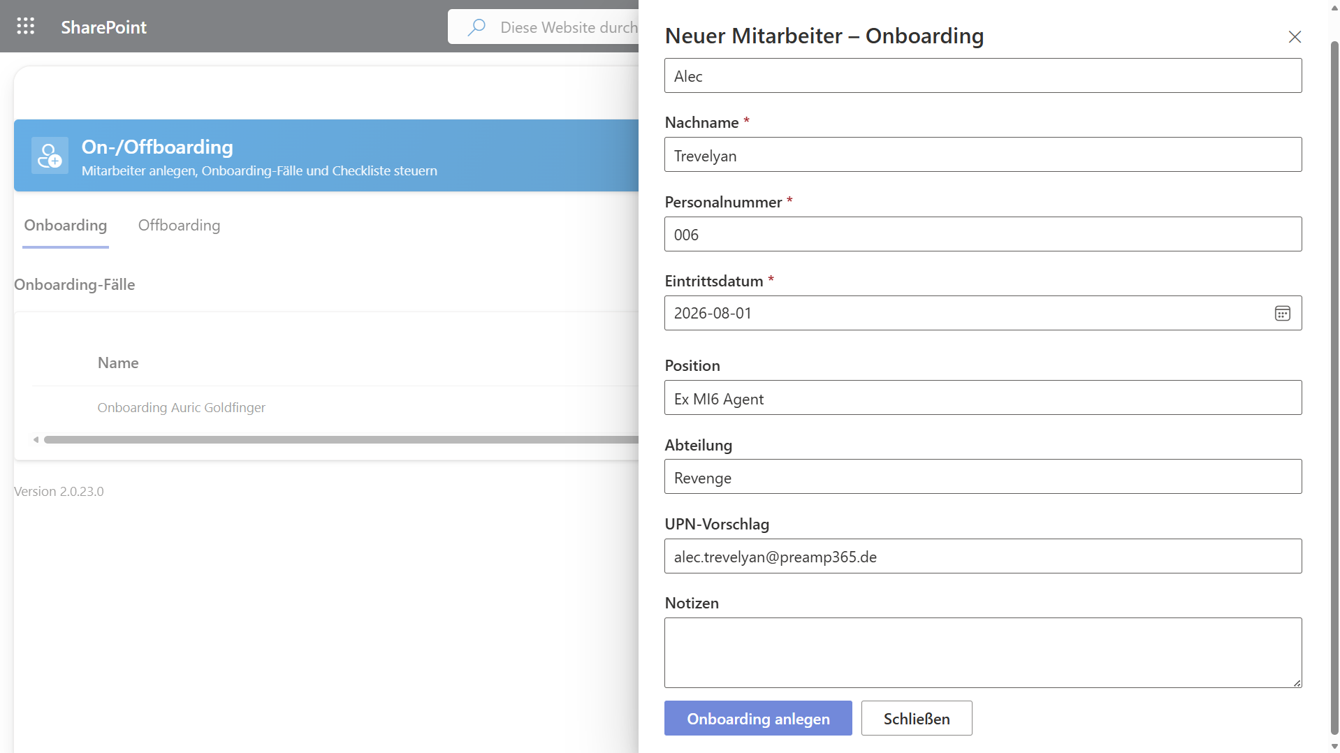 SPFx-Panel Neuer Mitarbeiter – Onboarding: Stammdaten, Eintrittsdatum, Position, Abteilung und UPN-Vorschlag