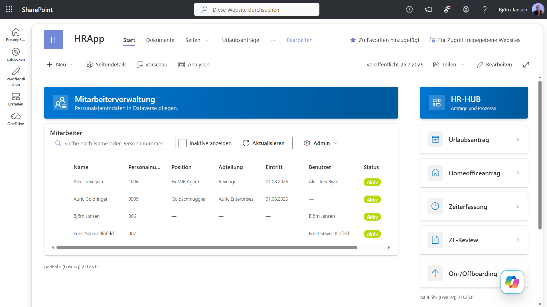 SharePoint-Seite mit pa365 HR-App: Mitarbeiterverwaltung in Dataverse und HR-HUB mit Einstieg On-/Offboarding