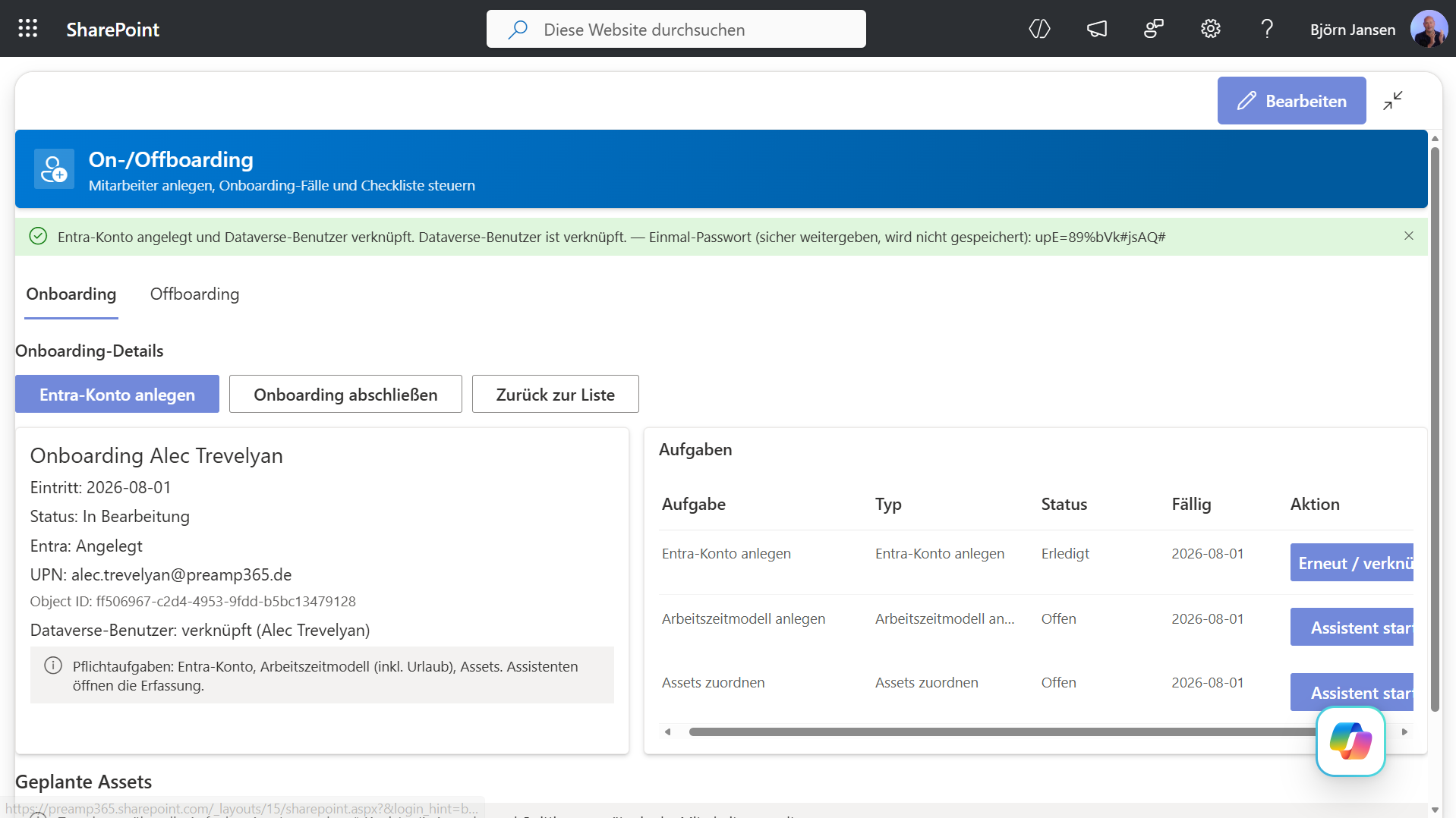 Onboarding nach Entra-Kontoanlage: Status Angelegt, Object ID, verknüpfter Dataverse-Benutzer und erledigte Entra-Aufgabe