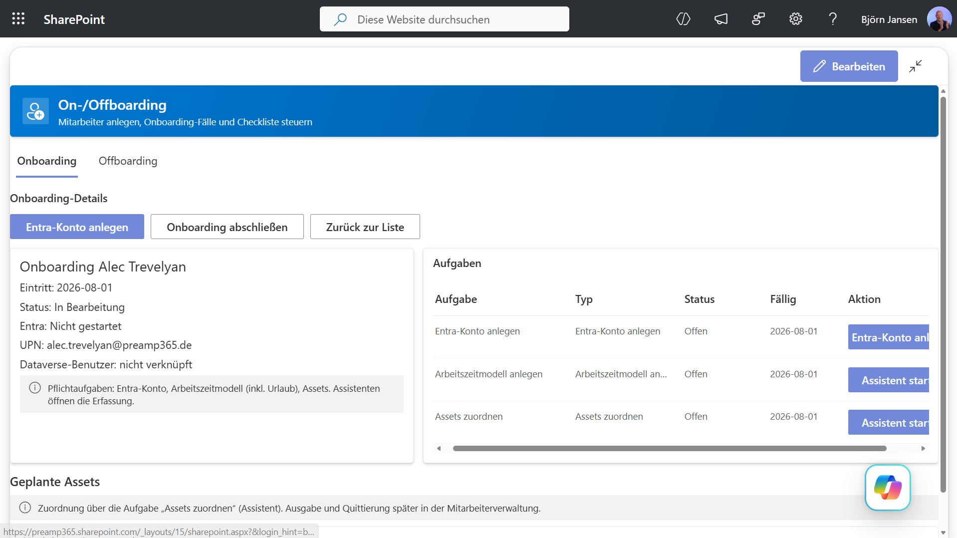 Onboarding-Details und Aufgabenliste nebeneinander: Status, Entra, UPN und Pflichtaufgaben mit Assistenten