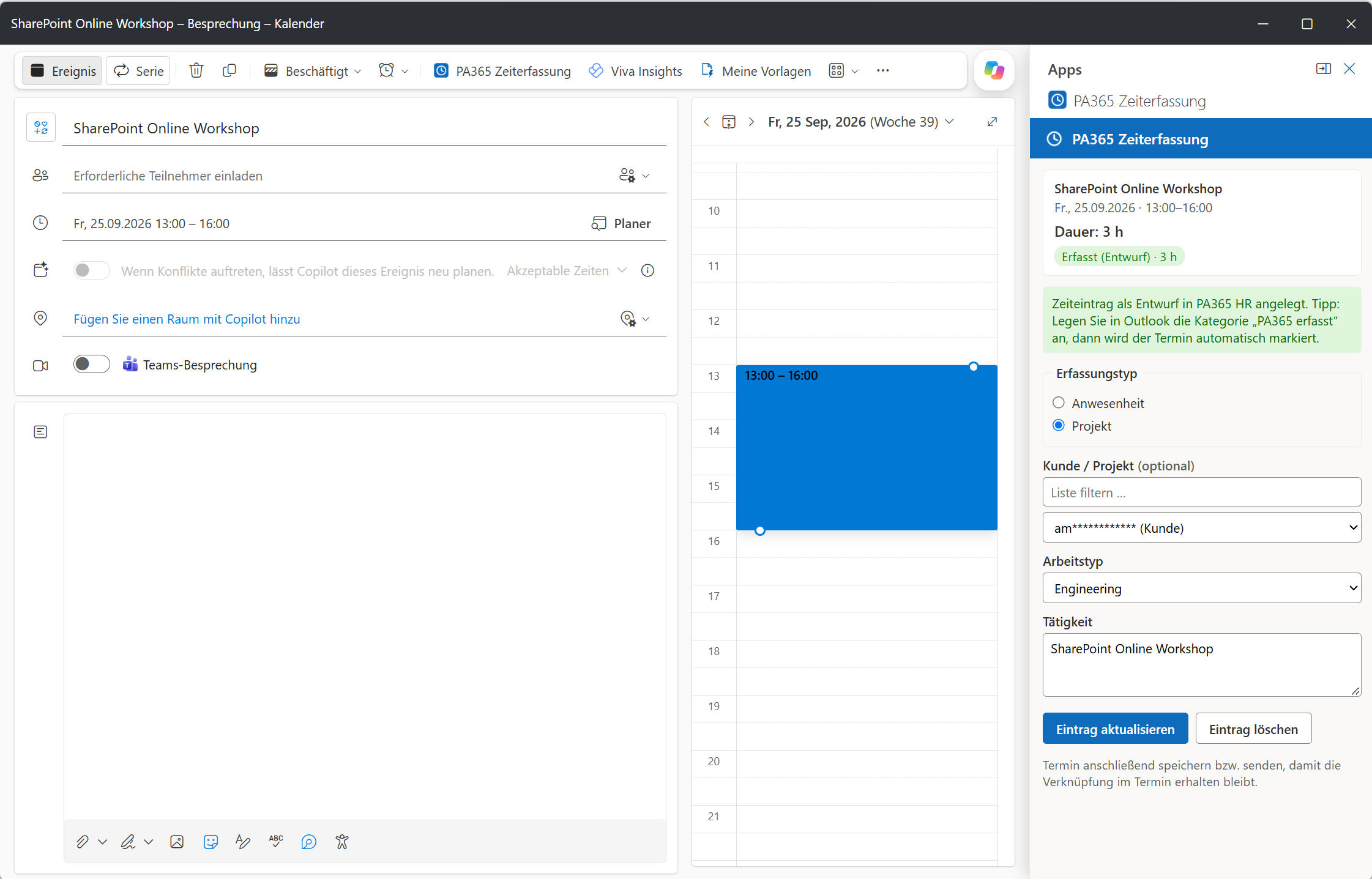 Outlook-Kalender mit geöffnetem preamp365-HR-Add-in zur Zeiterfassung: Termin SharePoint Online Workshop, Dauer 3 Stunden, Erfassungstyp Projekt, Kundenzuordnung und Arbeitstyp Engineering