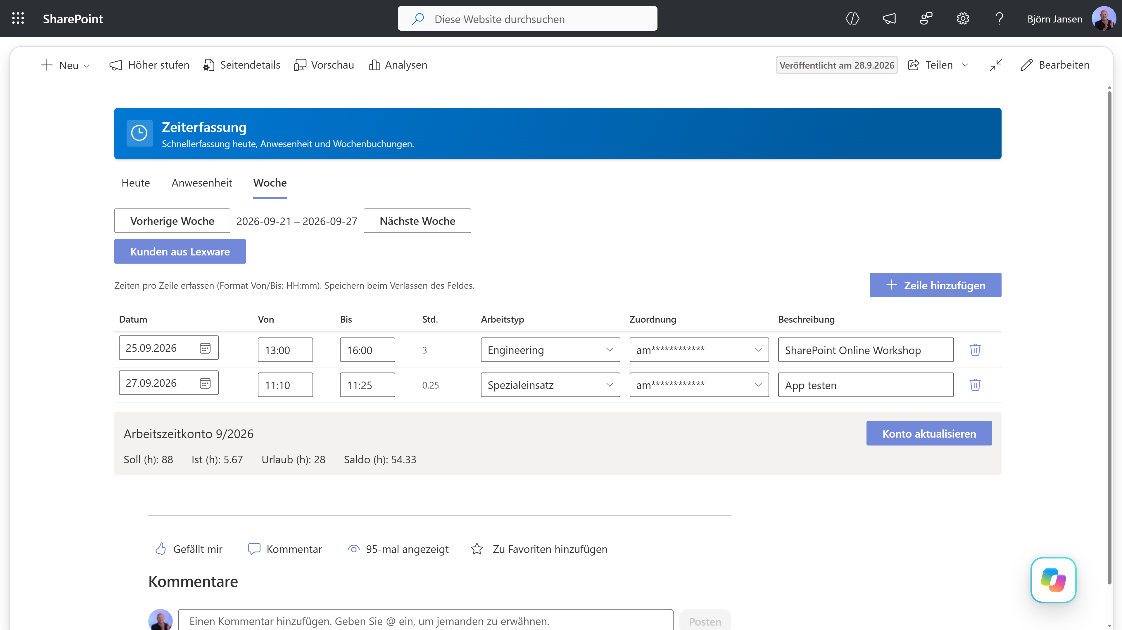 SharePoint-Zeiterfassung Wochenansicht: am 25.09.2026 von 13:00 bis 16:00 drei Stunden Engineering mit Kundenzuordnung, übernommen aus dem Outlook-Termin SharePoint Online Workshop