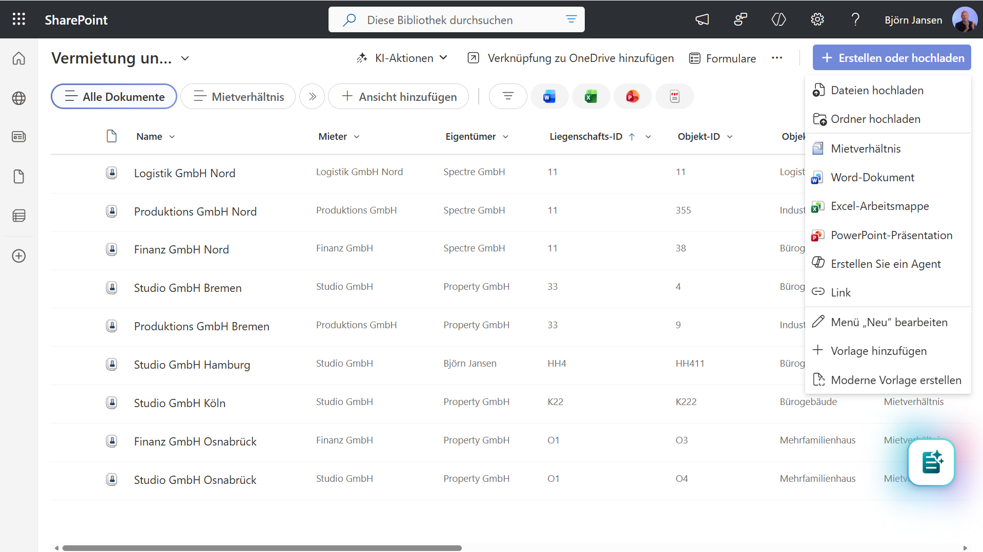 SharePoint-Bibliothek mit Dokumentenmappen und Metadatenspalten