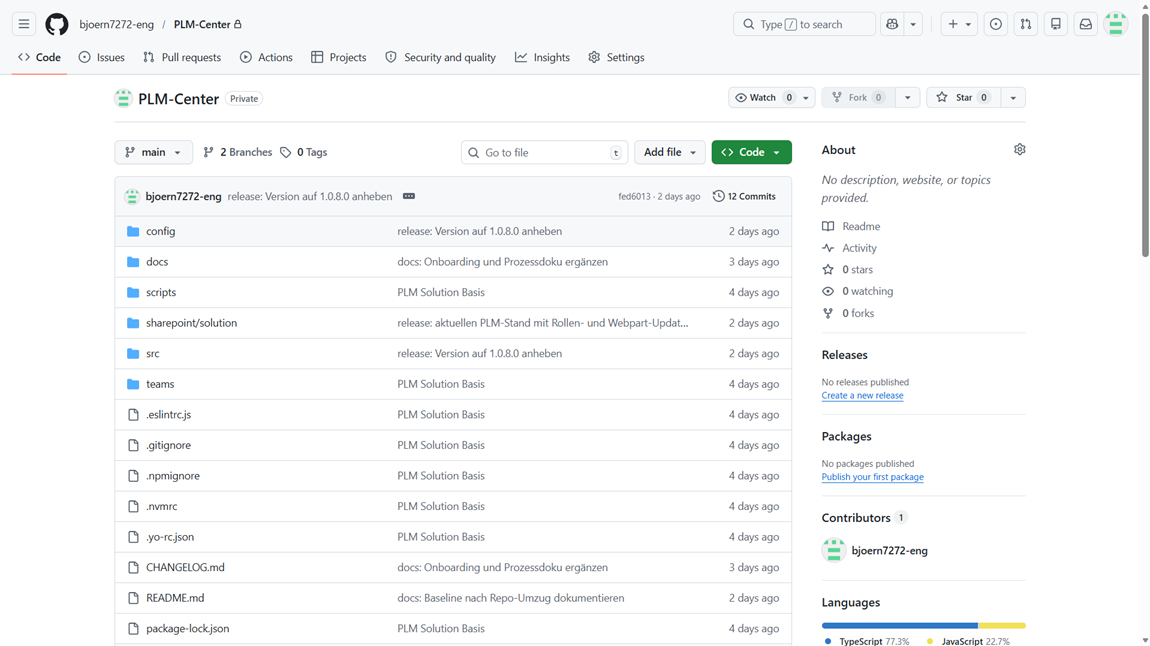 GitHub-Repository mit SPFx-Quellcode und Versionshistorie