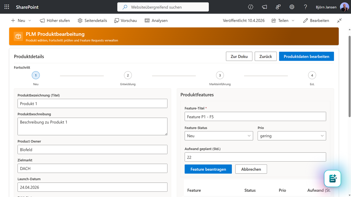 SPFx-Webpart: PLM-Beispielansicht mit strukturierter Liste und Statusinformationen in SharePoint