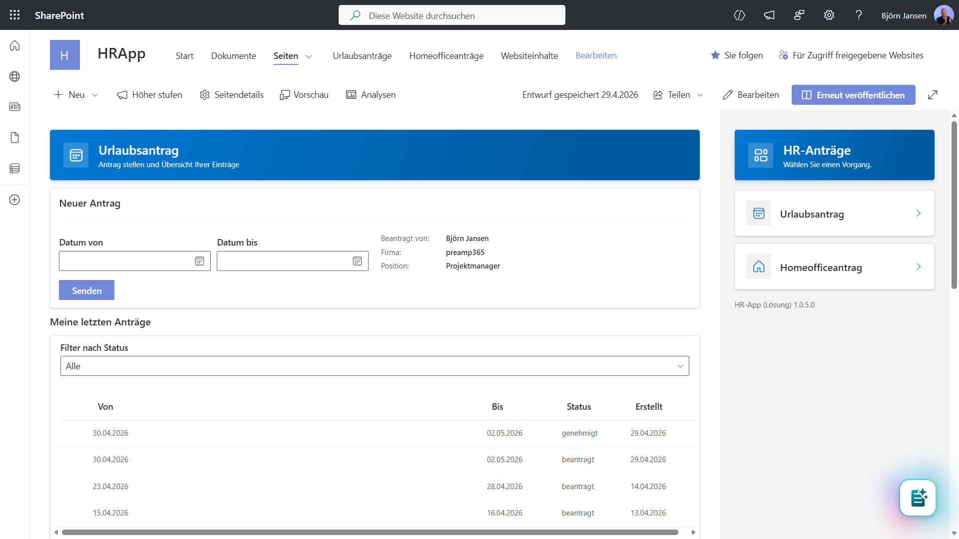 HR-App auf SPFx-Basis mit Antragsstrecken fuer Urlaub und Homeoffice