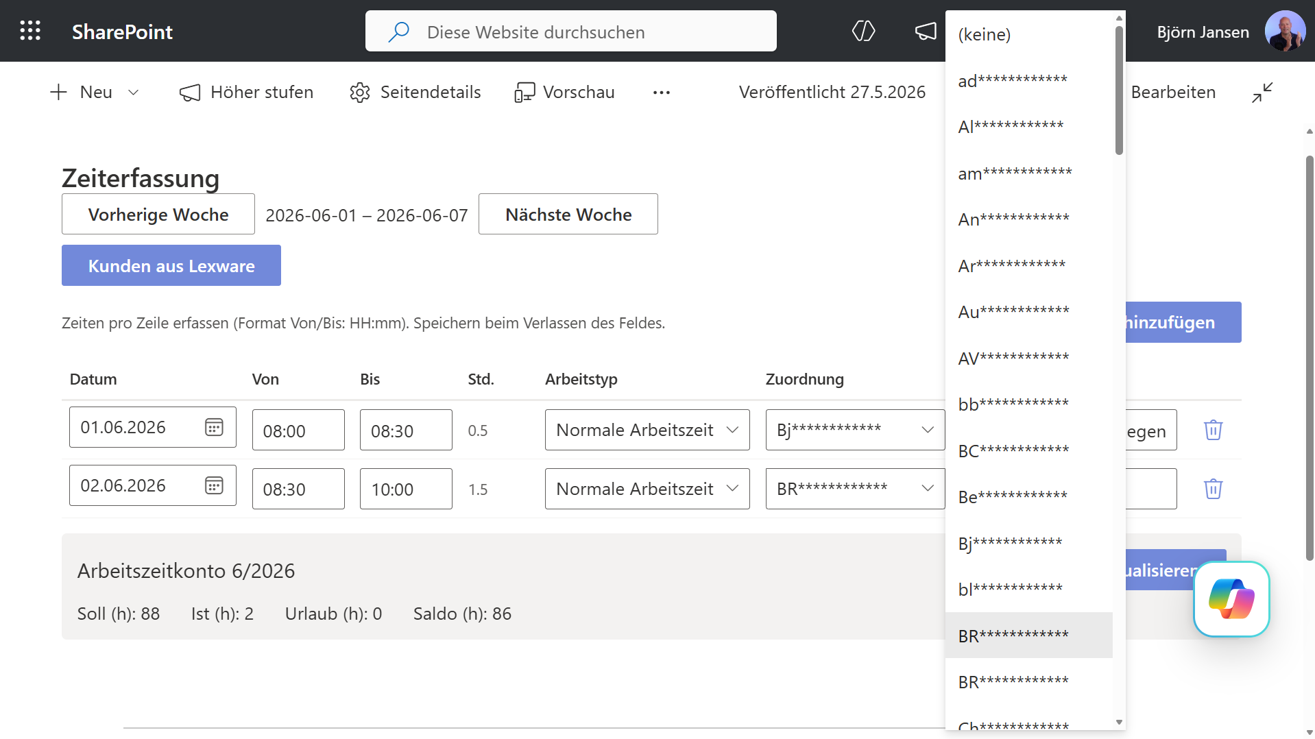 SPFx-Zeiterfassungswebpart auf SharePoint mit Kundenzuordnung aus Dataverse