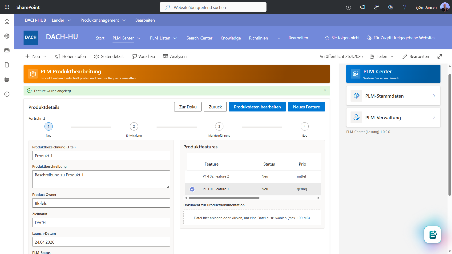 PLM-Center als modulare SPFx-Anwendung mit Hub, Stammdaten und Produktbearbeitung