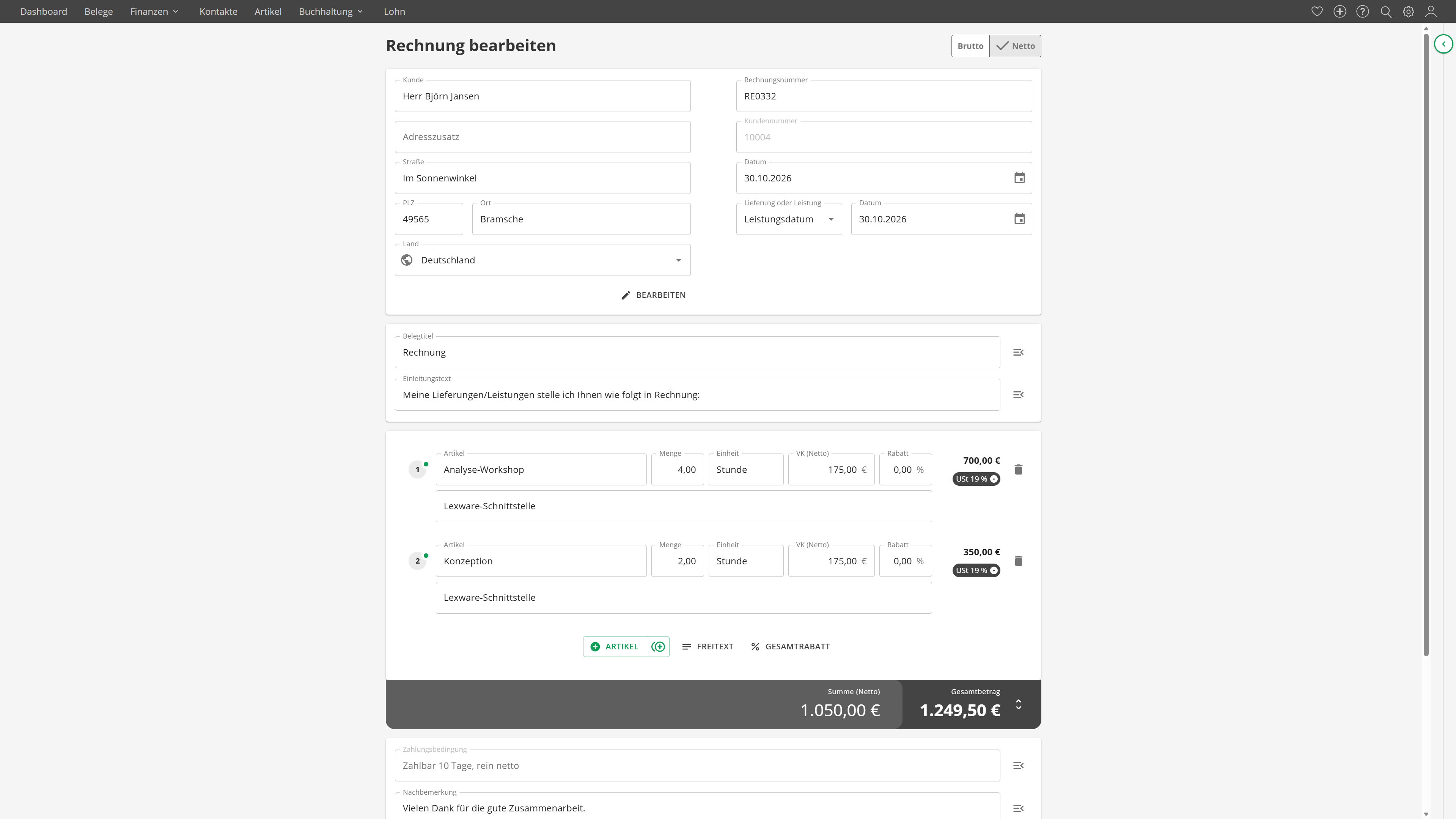Lexware: Rechnungsentwurf aus dem PMO-Review von preamp365 PM