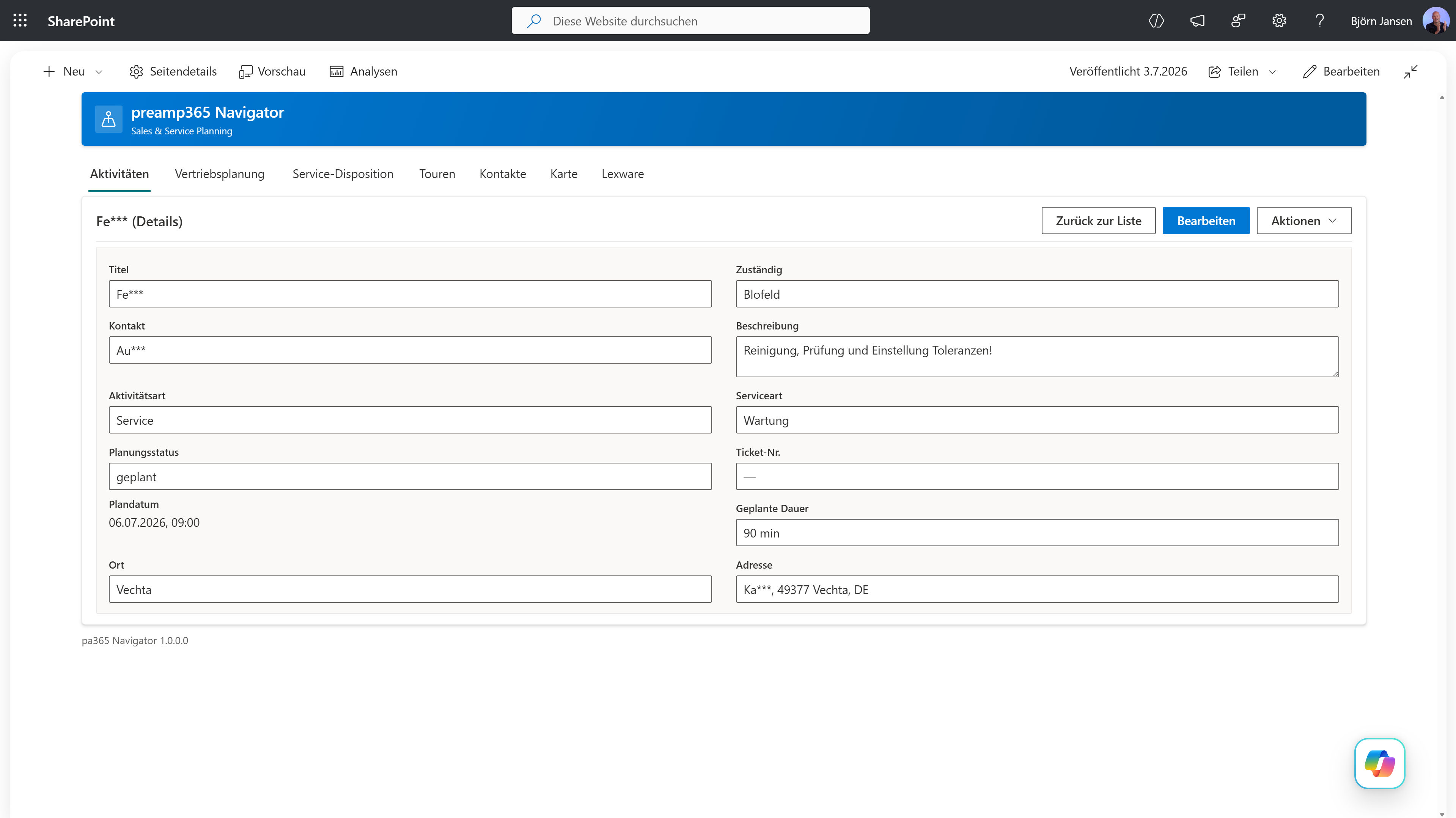 SharePoint Aktivitätenliste: Vertriebs- und Service-Aktivitäten mit Plandatum, Kunde und Planungsstatus