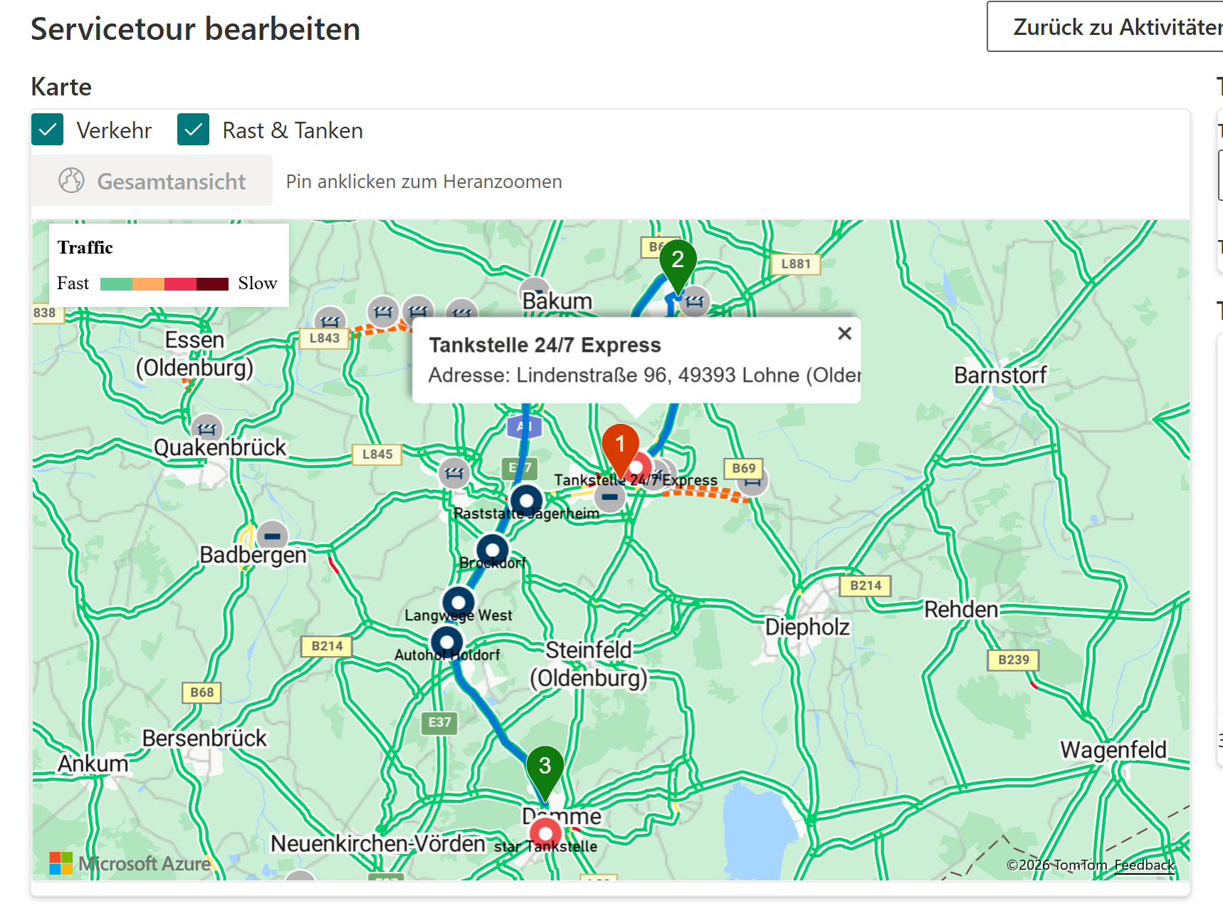 Azure Maps in SharePoint: Tourstopps auf der Karte mit Routenlinie und Detail-Popup