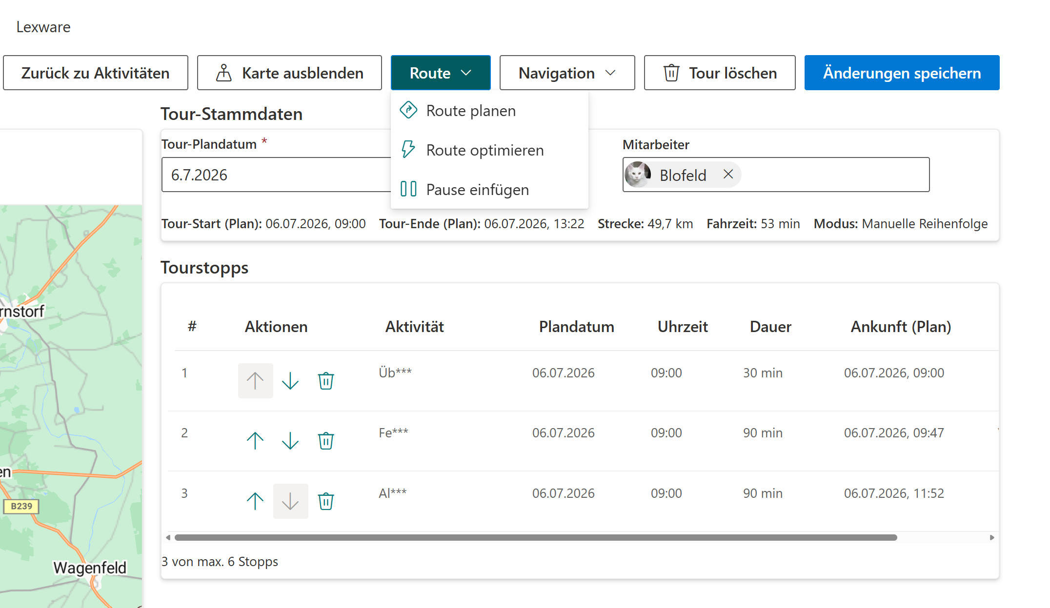 SharePoint Tourenplanung: Routenberechnung mit Strecke, Fahrzeit und Modus Manuell oder Optimiert