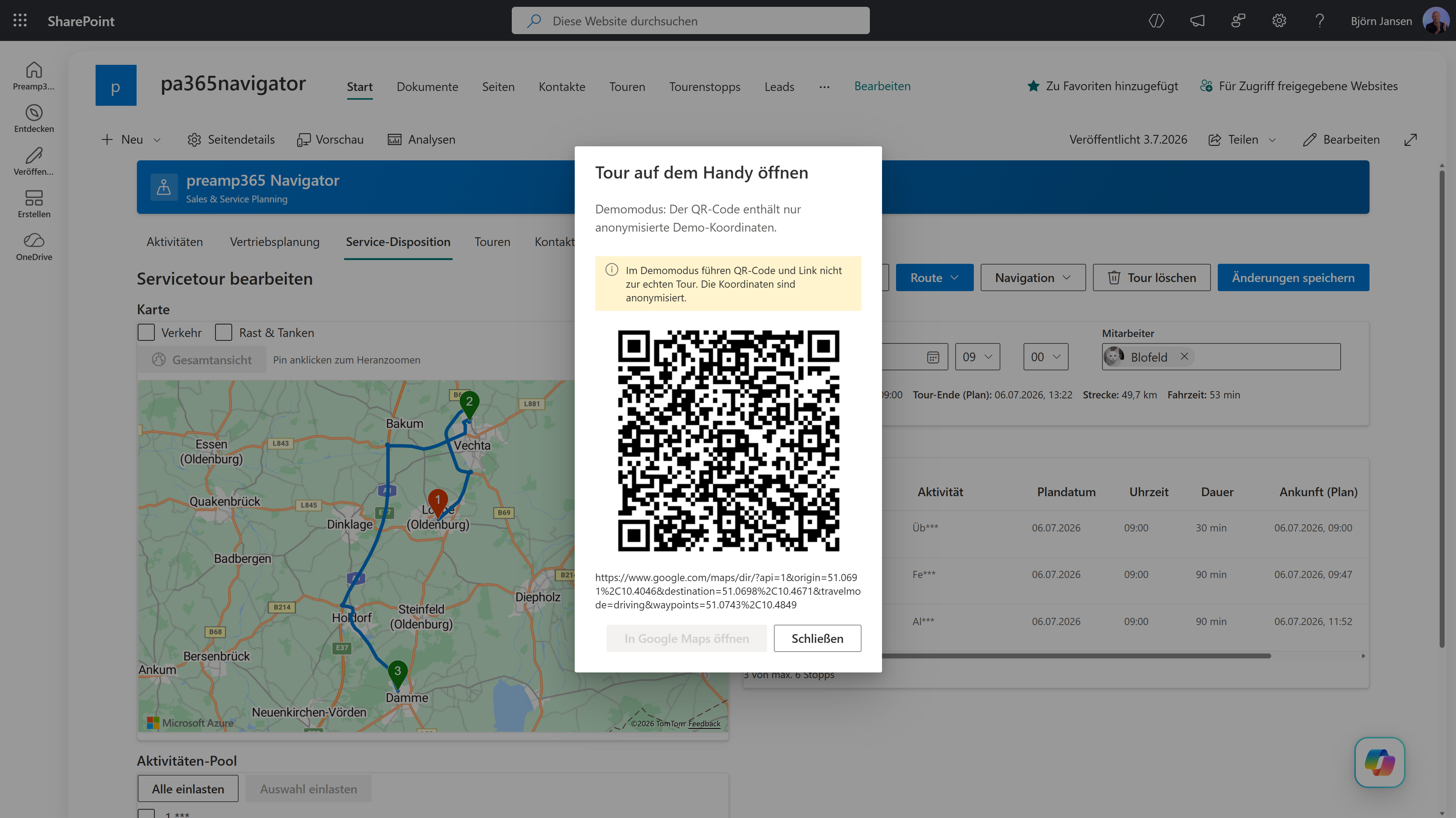 QR-Code für Google Maps Navigation aus SharePoint Tourenplanung