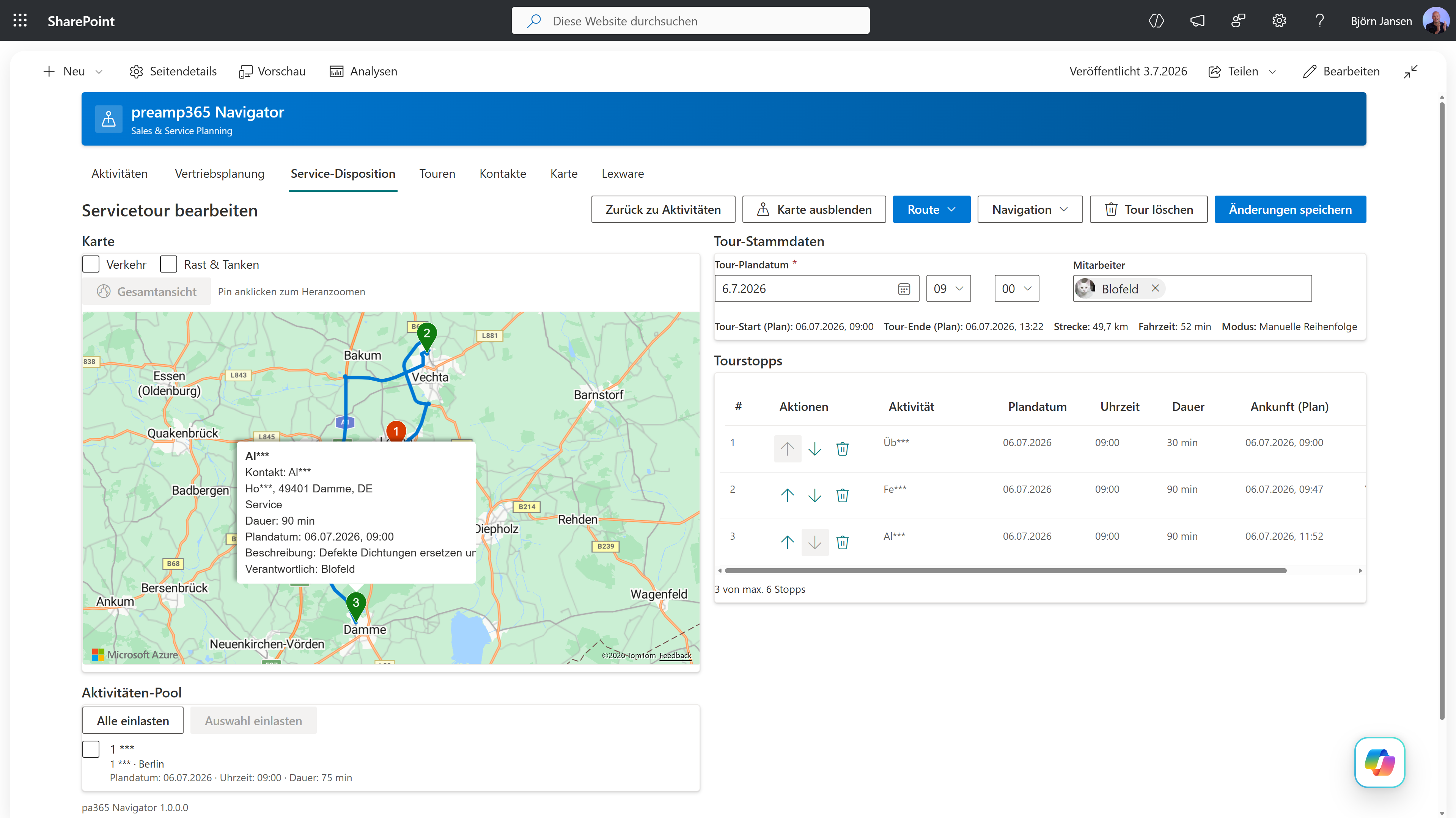 SharePoint Tourenplanung: Bearbeiten einer Tour mit Stammdaten, Karte, Aktivitätenpool und Tourstopps