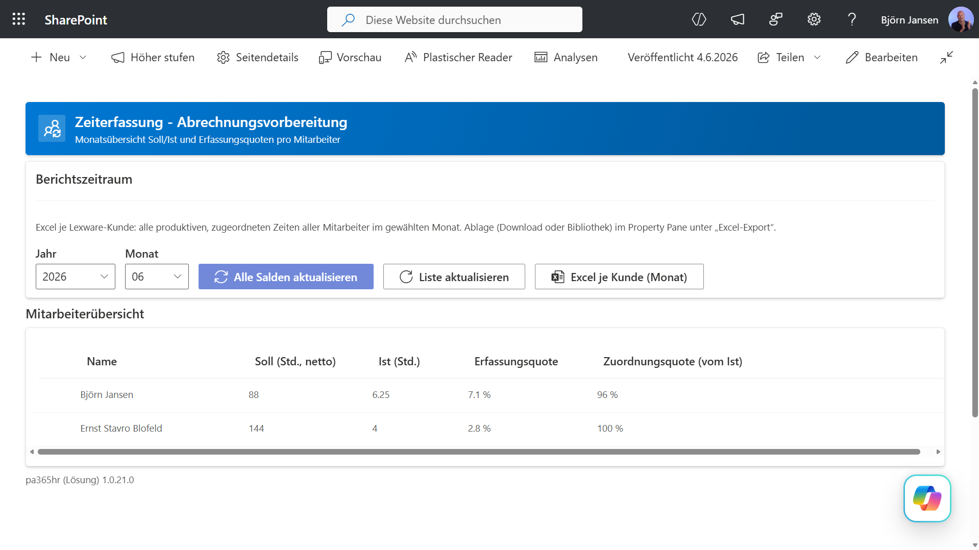 Abrechnungsvorbereitung SharePoint: Monatsübersicht mit Soll, Ist, Erfassungs- und Zuordnungsquote pro Mitarbeiter