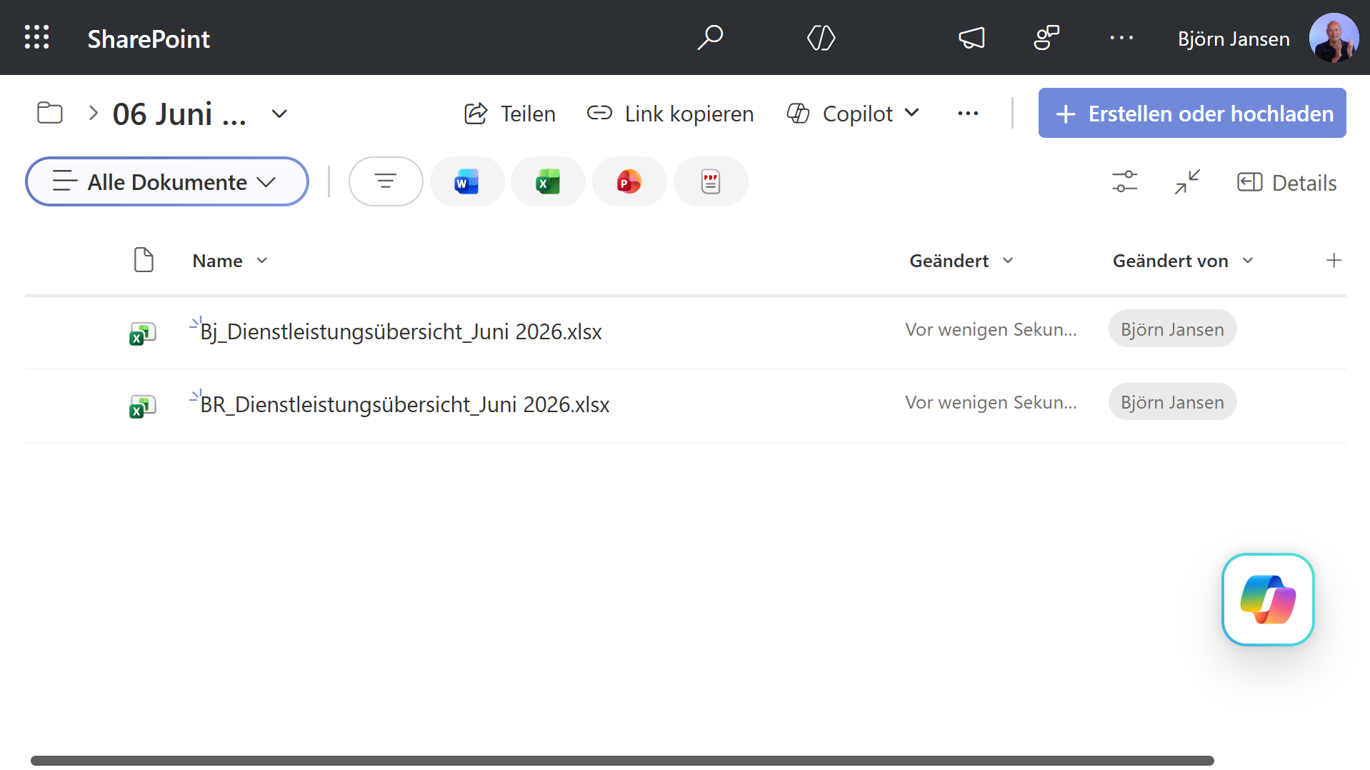 SharePoint-Dokumentbibliothek mit automatisch abgelegten Dienstleistungsübersicht-Excel-Dateien je Kunde und Monat