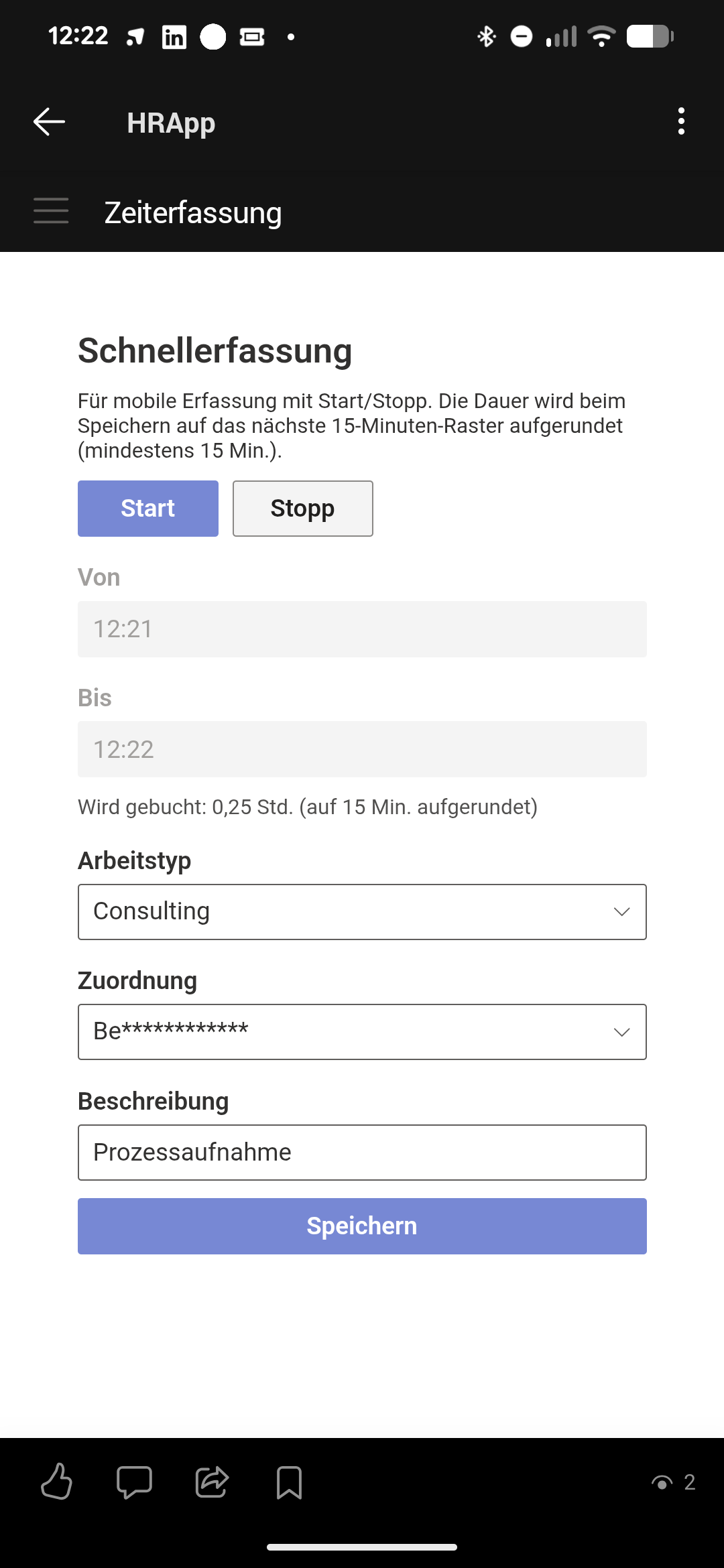Mobile SharePoint Zeiterfassung: Schnellerfassung mit Start- und Stopp-Button auf dem Smartphone