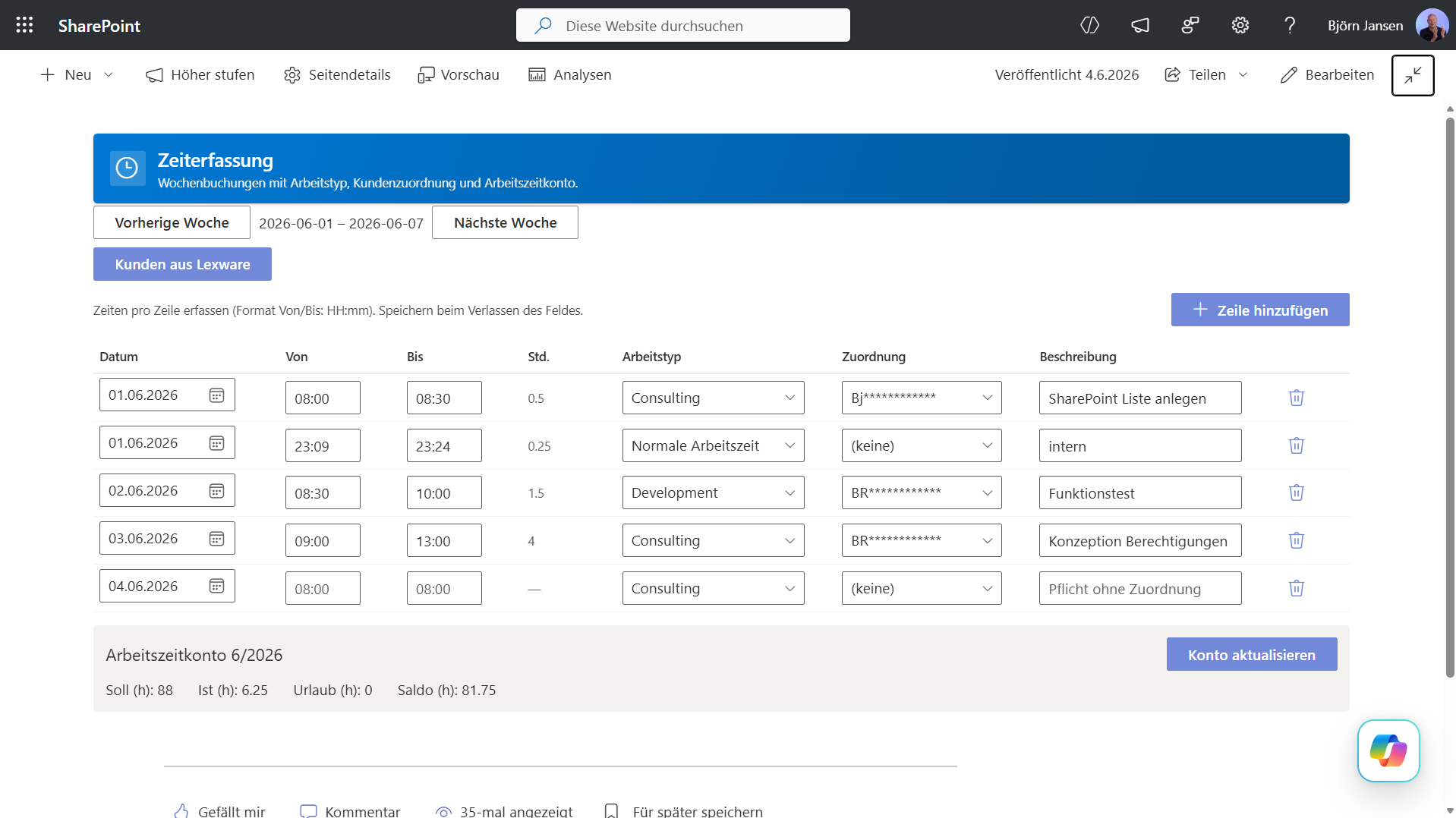 SharePoint Zeiterfassung: Wochenraster mit Arbeitstyp, Kundenzuordnung aus ERP und Beschreibung