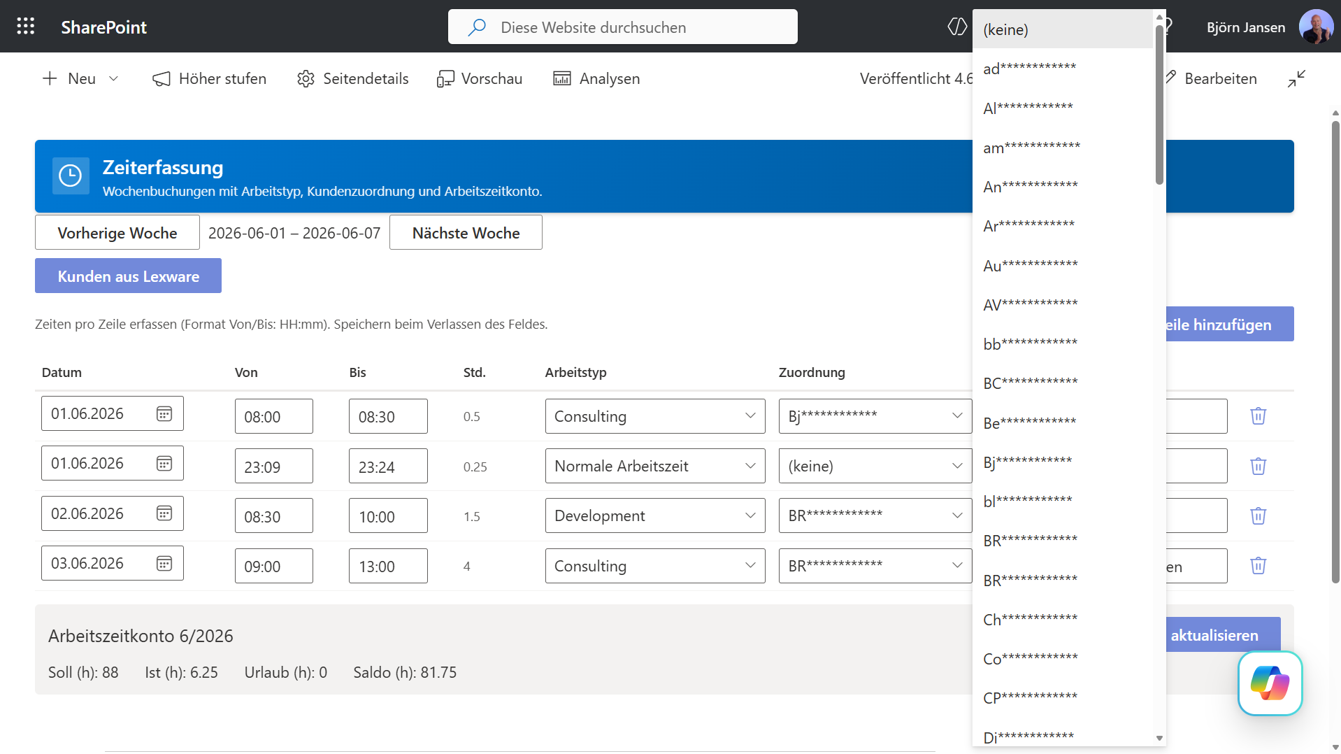 SharePoint Zeiterfassung: Zuordnung aus ERP Lexware im Dropdown der Kundenauswahl